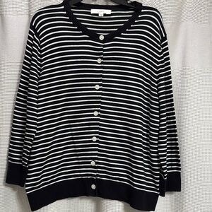 Loft Cardigan SZ XL black/white stripe 3/4 sleeves work career classic cotton